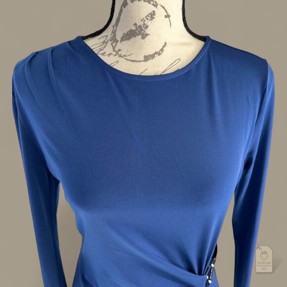 Michael Kors | Blue Long Sleeve Draped Stretch Dress - M - Picture 4 of 8
